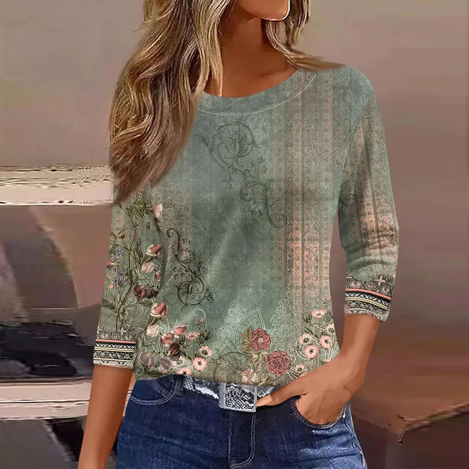 3/4 Length Sleeve Womens Tops Summer 2025 Dressy Casual Crew Neck Shirts Plus Size Loose Fit Spring Floral Blouse