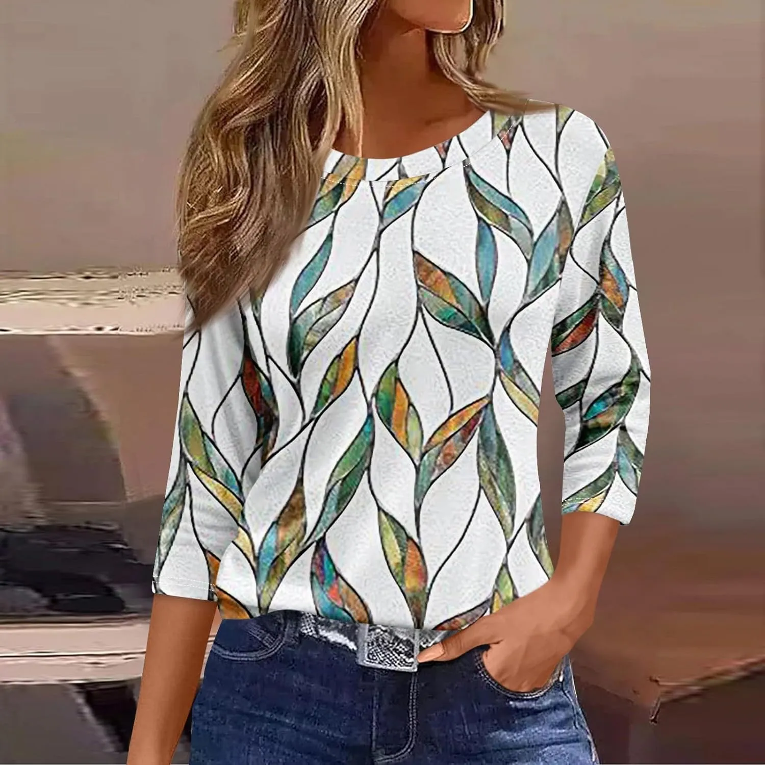 3/4 Length Sleeve Womens Tops Summer 2025 Dressy Casual Crew Neck Shirts Plus Size Loose Fit Spring Floral Blouse