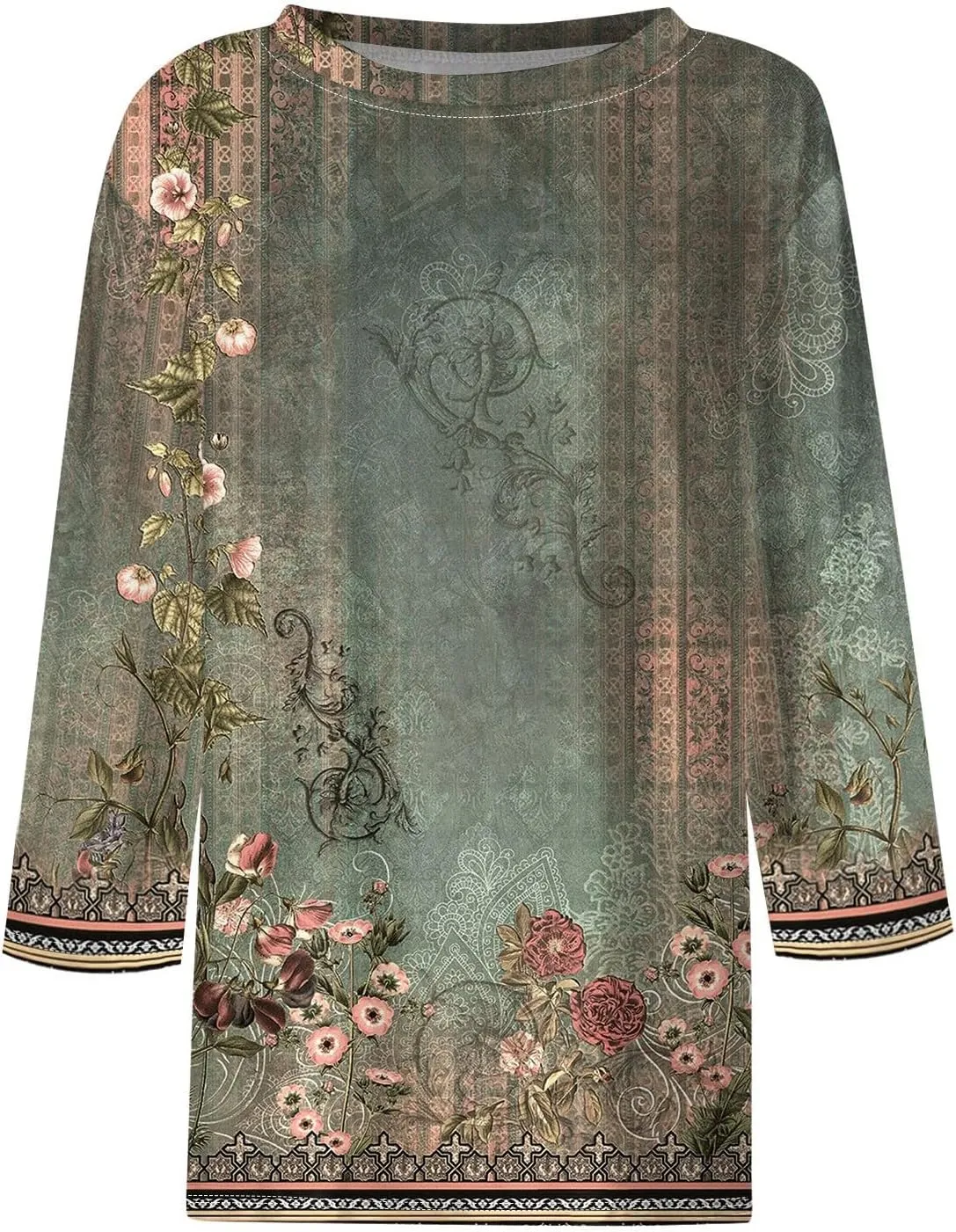 3/4 Length Sleeve Womens Tops Summer 2025 Dressy Casual Crew Neck Shirts Plus Size Loose Fit Spring Floral Blouse