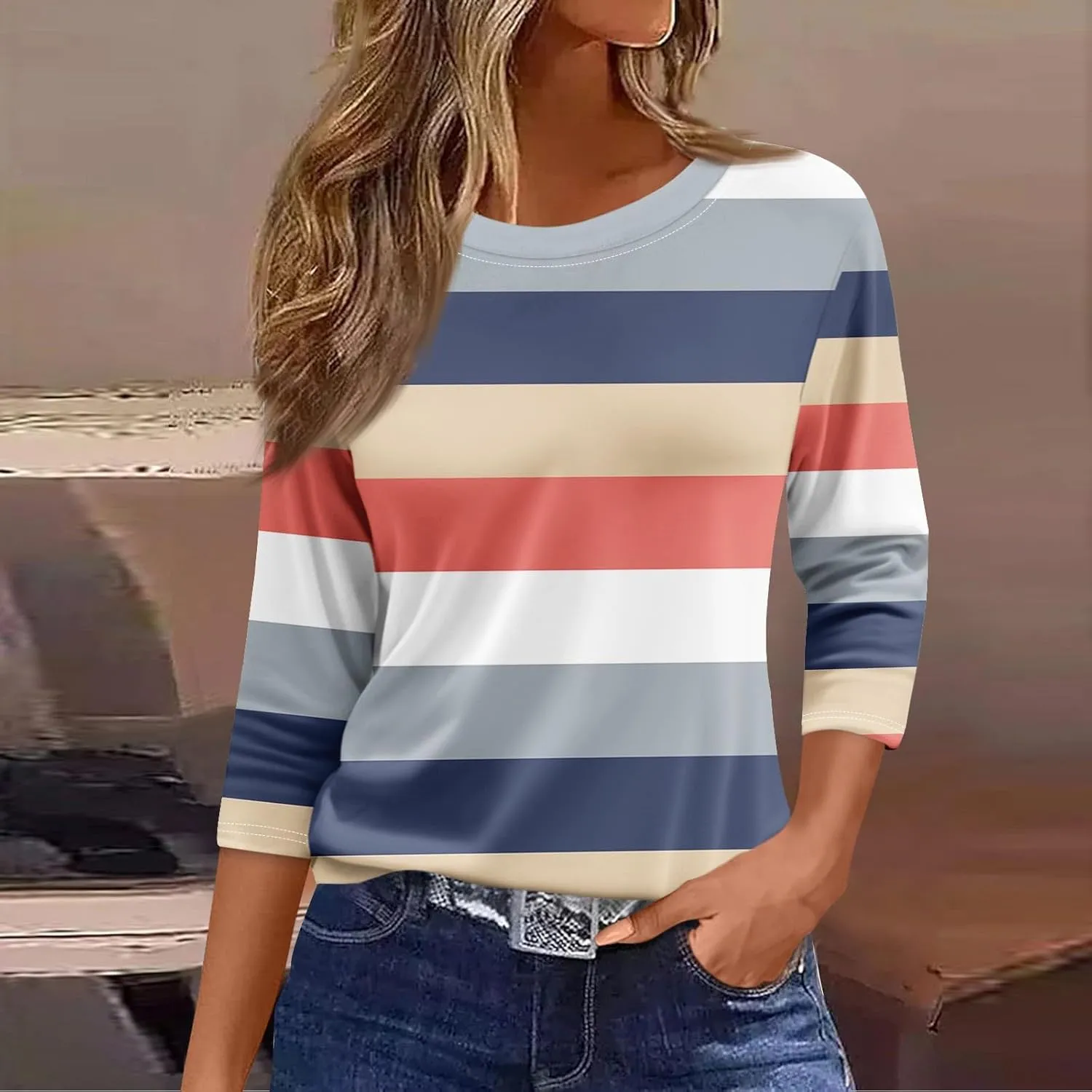 3/4 Length Sleeve Womens Tops Summer 2025 Dressy Casual Crew Neck Shirts Plus Size Loose Fit Spring Floral Blouse