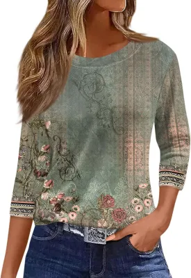3/4 Length Sleeve Womens Tops Summer 2025 Dressy Casual Crew Neck Shirts Plus Size Loose Fit Spring Floral Blouse