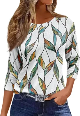 3/4 Length Sleeve Womens Tops Summer 2025 Dressy Casual Crew Neck Shirts Plus Size Loose Fit Spring Floral Blouse