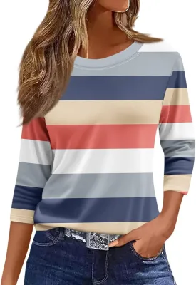 3/4 Length Sleeve Womens Tops Summer 2025 Dressy Casual Crew Neck Shirts Plus Size Loose Fit Spring Floral Blouse