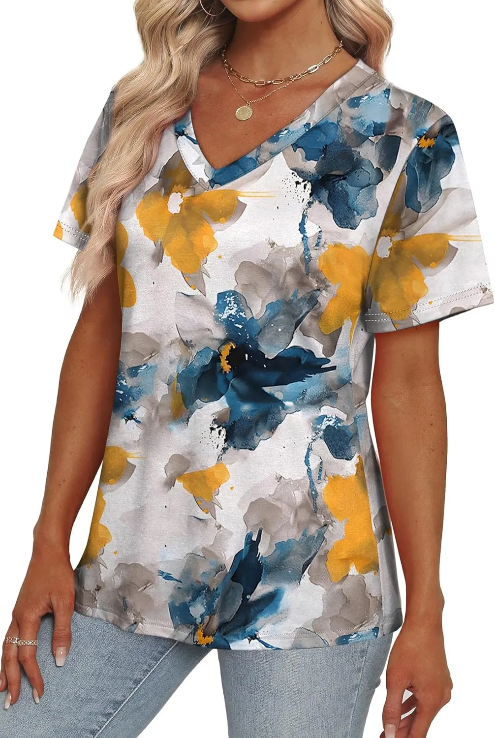 Alaroo Womens Summer Tops 2025 V Neck Short Sleeve Shirts Trendy Dressy Casual Vacation Outfits Printed