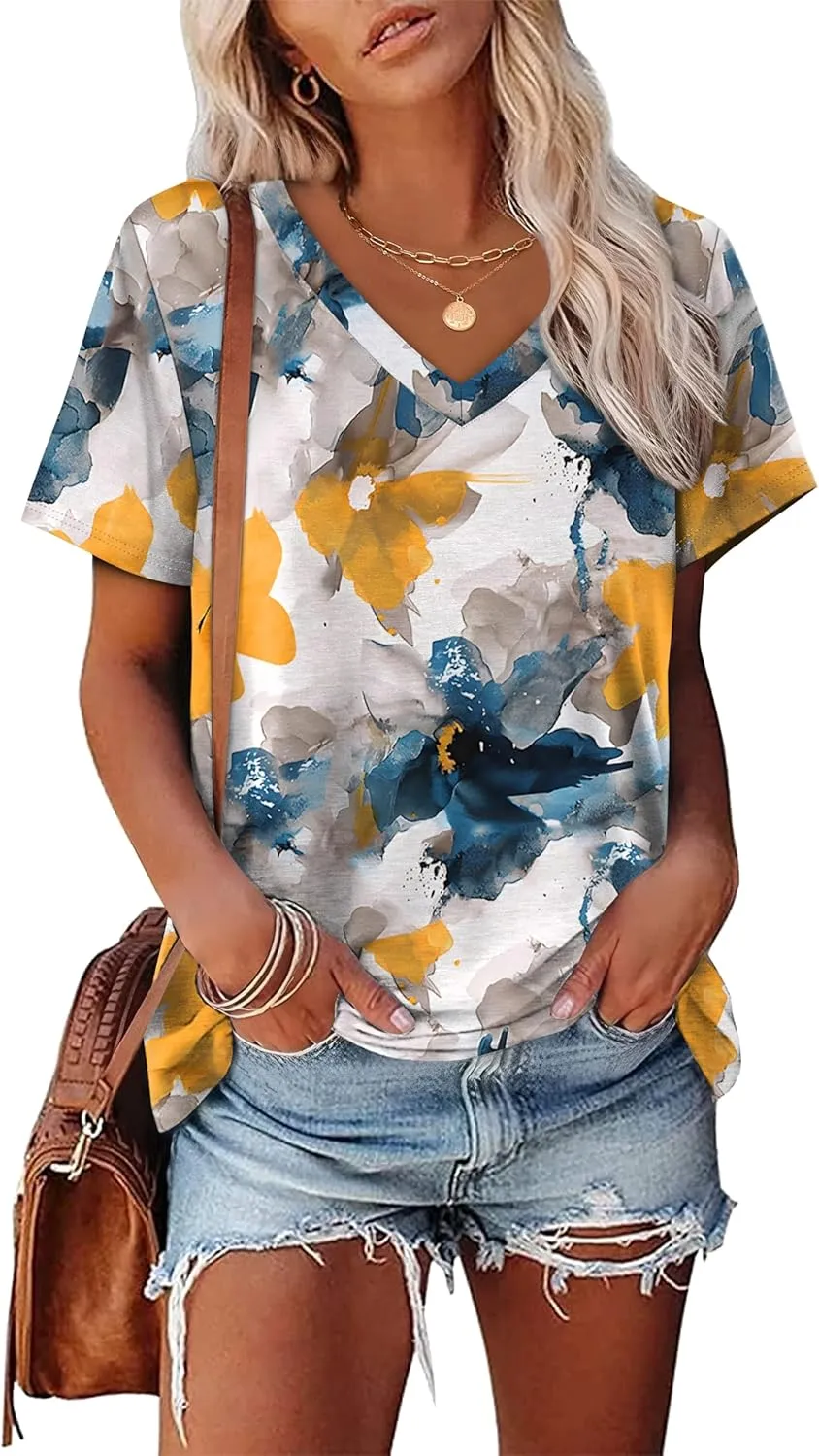 Alaroo Womens Summer Tops 2025 V Neck Short Sleeve Shirts Trendy Dressy Casual Vacation Outfits Printed