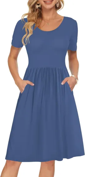 AUSELILY Women's Short Sleeve Empire Waist Dress Pleated Loose Swing Knee Length Dresses with Pockets 2025 New