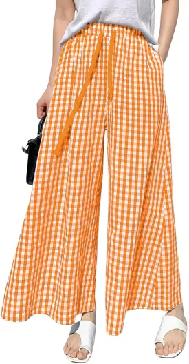 chouyatou Women's Plaid Wide Leg Culotte Pants Gingham High Elastic Waisted Cropped Palazzo Pants with Pockets
