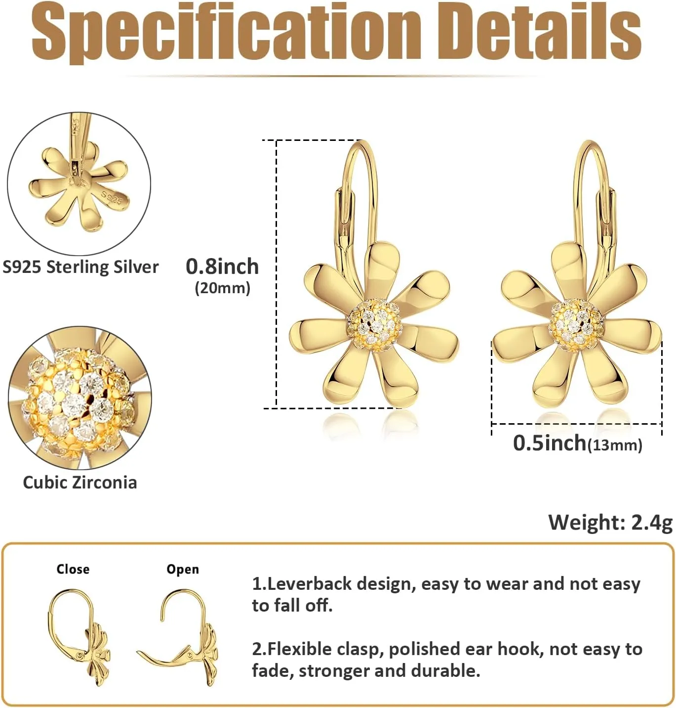 Daisy Earrings 925 Sterling Silver Leverback Drop Dangle Earrings for Women 18K White Gold Plated Hypoallergenic Cubic Zircon Daisy Flower Earrings Jewelry Gifts for Sensitive Ears
