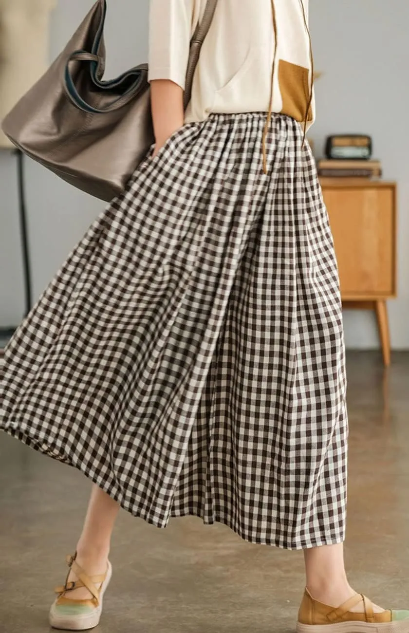 ebossy Women's Cotton Linen Wide Leg Culottes Elastic Waist Plaid Gingham Casual Palazzo Pants Capris