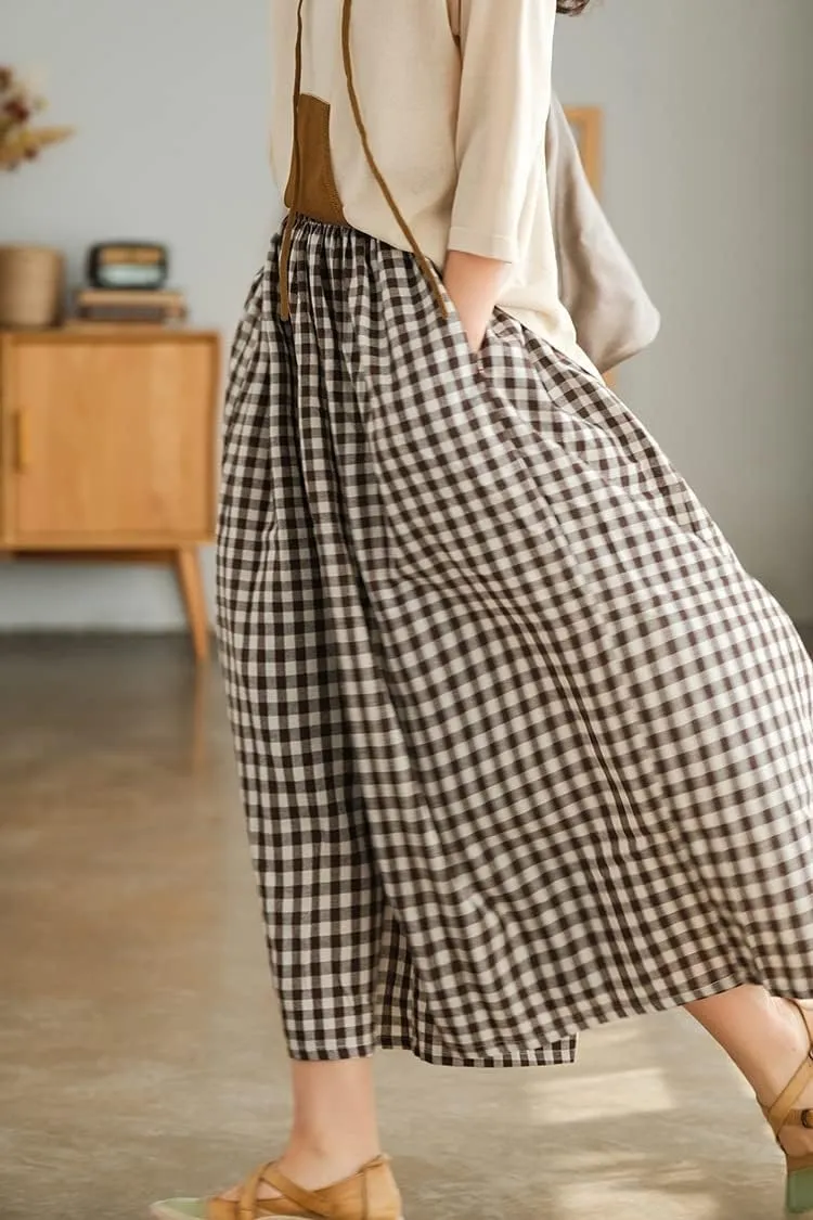 ebossy Women's Cotton Linen Wide Leg Culottes Elastic Waist Plaid Gingham Casual Palazzo Pants Capris