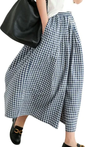ebossy Women's Cotton Linen Wide Leg Culottes Elastic Waist Plaid Gingham Casual Palazzo Pants Capris