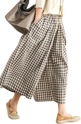 ebossy Women's Cotton Linen Wide Leg Culottes Elastic Waist Plaid Gingham Casual Palazzo Pants Capris