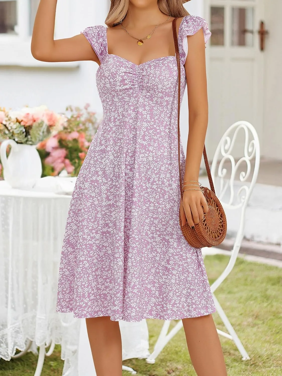 FENSACE Summer Cute Sweetheart Neckline Sundresses Ruffle Sleeve Floral Knee Length Dress