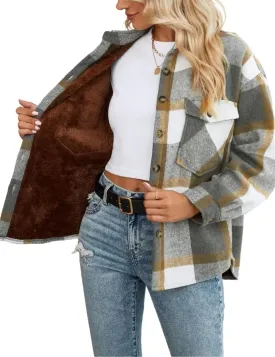 FindThy Women's Warm Sherpa Lined Fleece Plaid Flannel Shirt Jacket Button Down Fuzzy Shacket