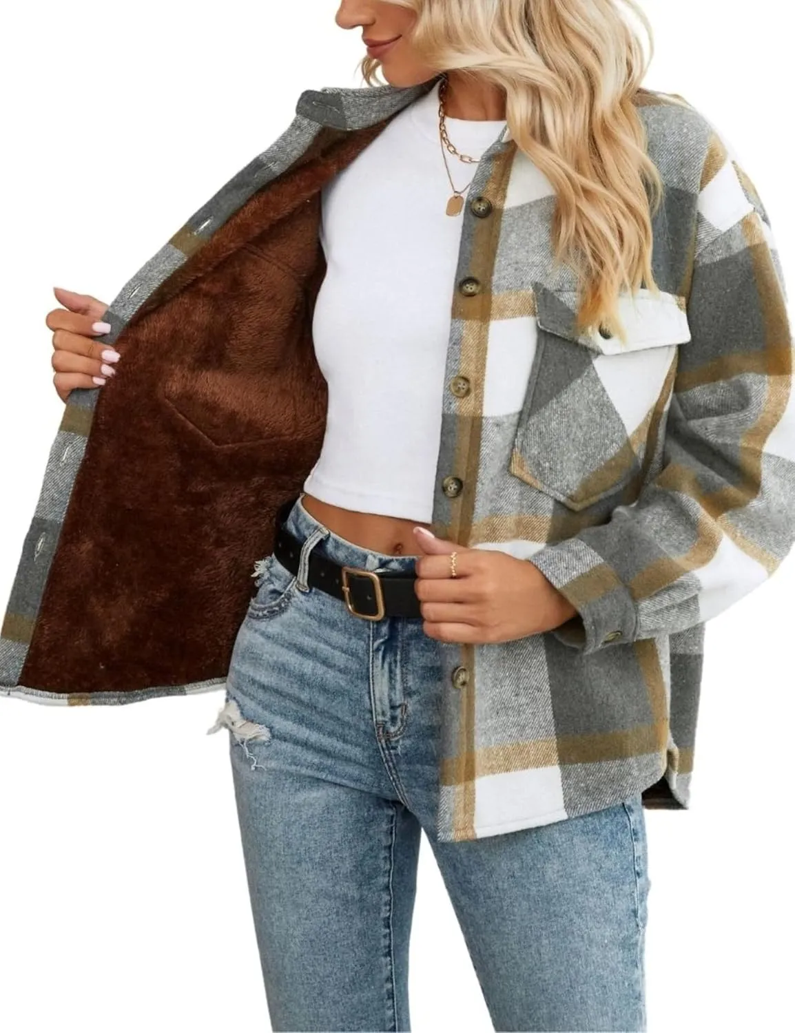 FindThy Women's Warm Sherpa Lined Fleece Plaid Flannel Shirt Jacket Button Down Fuzzy Shacket