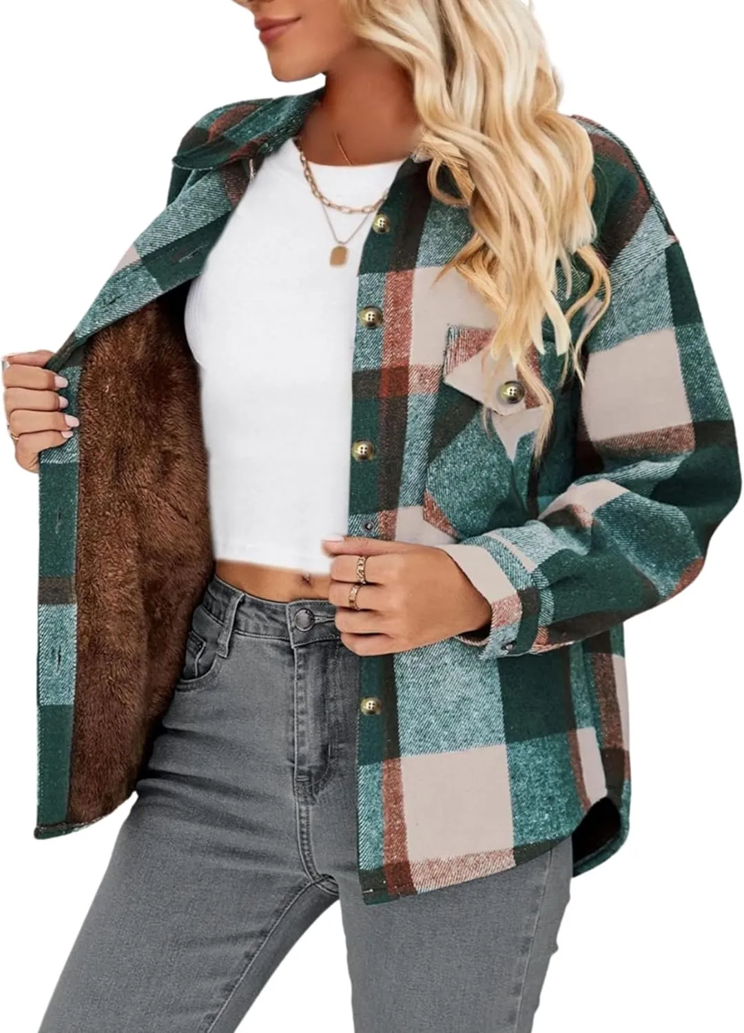 FindThy Women's Warm Sherpa Lined Fleece Plaid Flannel Shirt Jacket Button Down Fuzzy Shacket