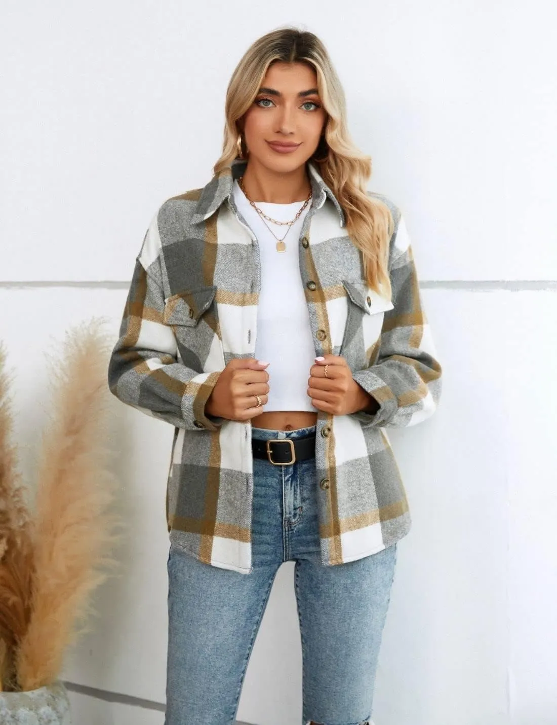 FindThy Women's Warm Sherpa Lined Fleece Plaid Flannel Shirt Jacket Button Down Fuzzy Shacket
