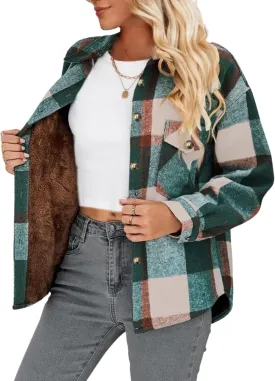 FindThy Women's Warm Sherpa Lined Fleece Plaid Flannel Shirt Jacket Button Down Fuzzy Shacket