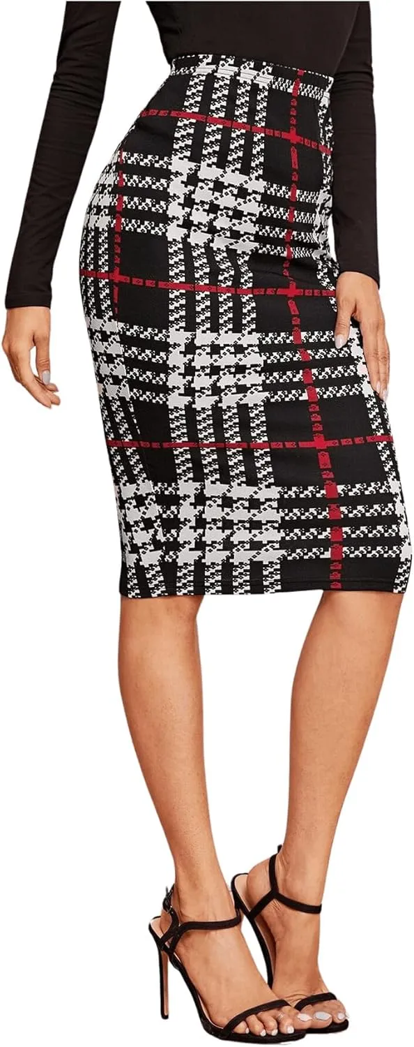 Floerns Women's Plaid Print High Waist Knee Length Bodycon Pencil Skirt