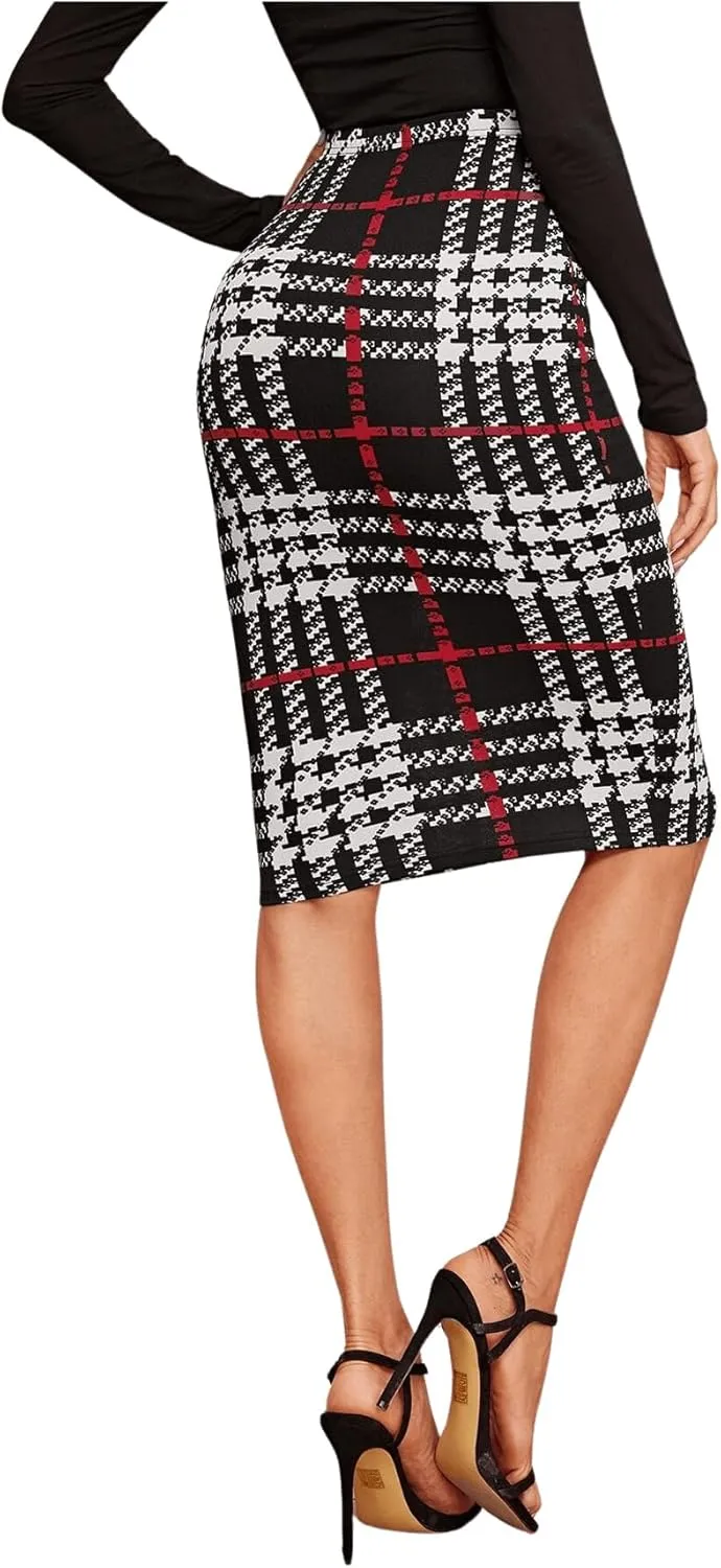 Floerns Women's Plaid Print High Waist Knee Length Bodycon Pencil Skirt