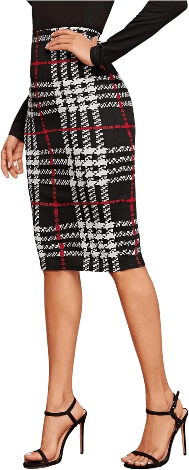 Floerns Women's Plaid Print High Waist Knee Length Bodycon Pencil Skirt