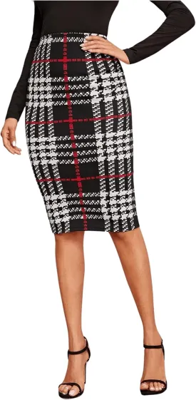 Floerns Women's Plaid Print High Waist Knee Length Bodycon Pencil Skirt
