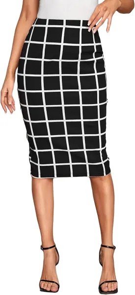 Floerns Women's Plaid Print High Waist Knee Length Bodycon Pencil Skirt