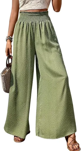 GOBLES Women's Casual Loose Fit Elastic High Waist Band Polka Dot Printed Long Pants with Pockets