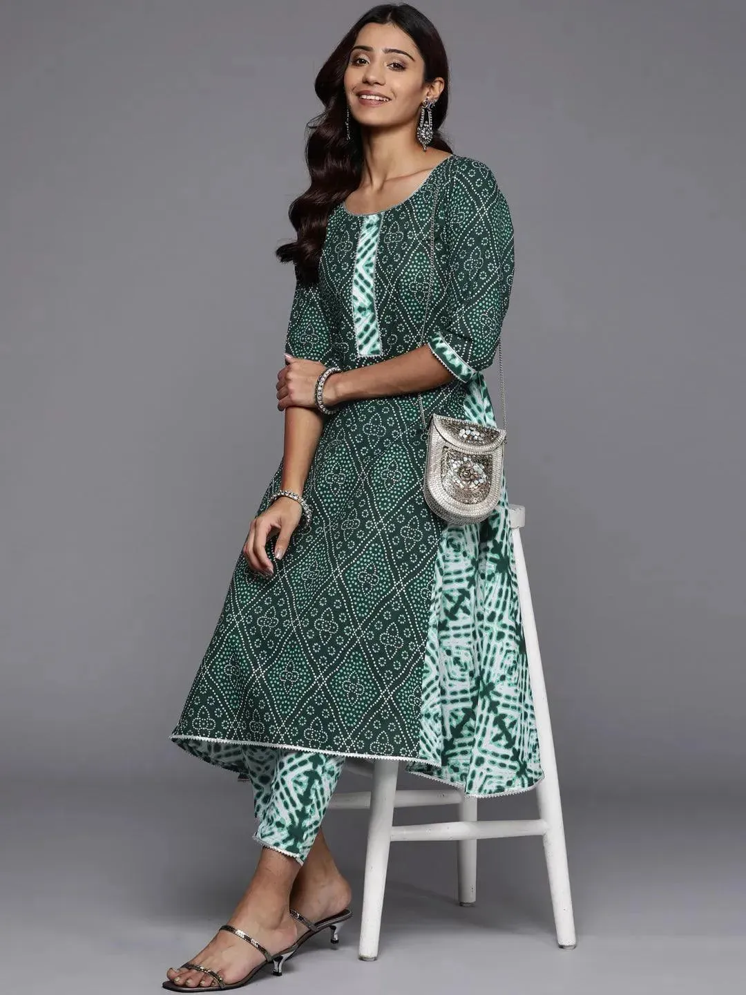Green Printed Cotton A-Line Kurta
