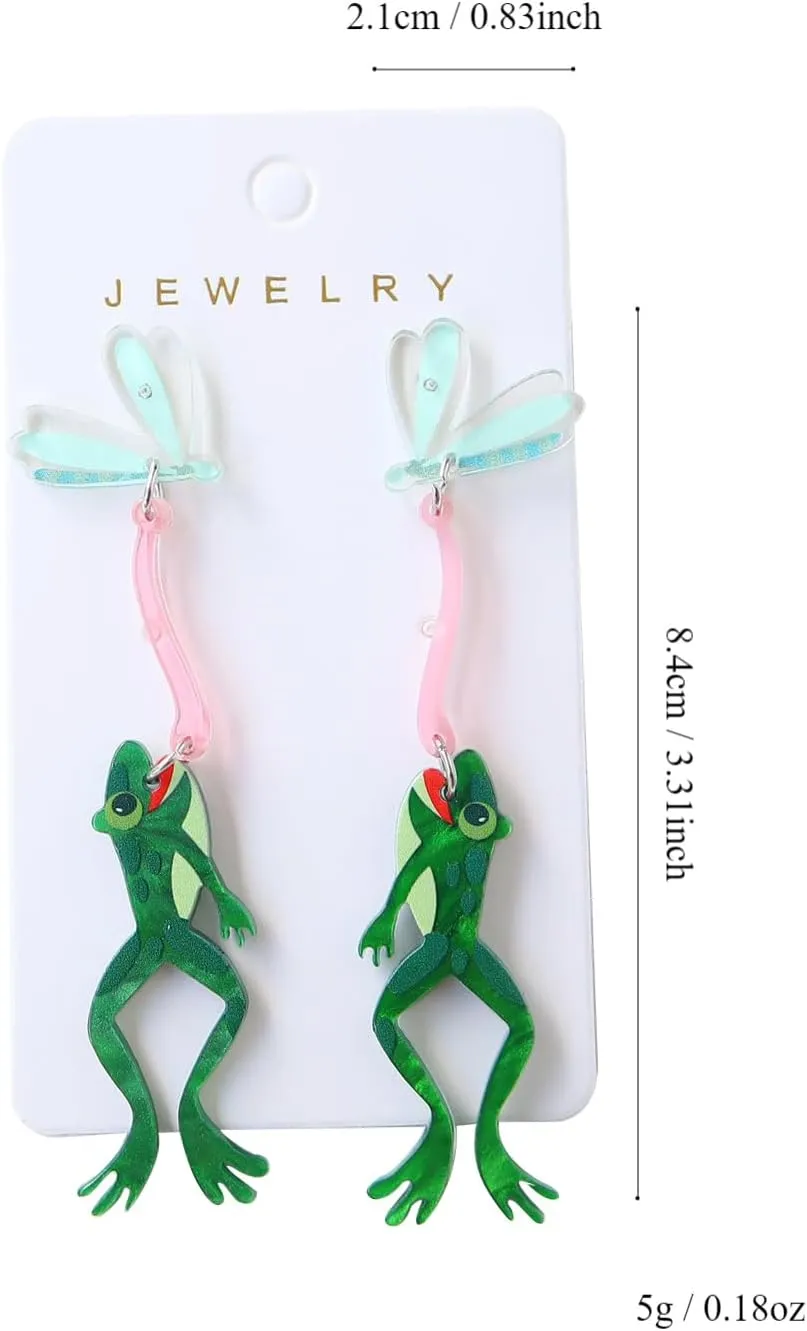 Handmade Exaggerated Acrylic Frog Insect Long Dangle Earrings Funny Weird Resin Fly Frog Animal Stud Earrings for Women Party Decor Jewelry Aesthetic Gifts