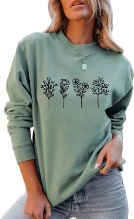 JBF Cloth Flower Sweatshirt Womens 80s Vintage Minimalistic Floral Printed Long Sleeves Sweatshirt Pullovers Tops