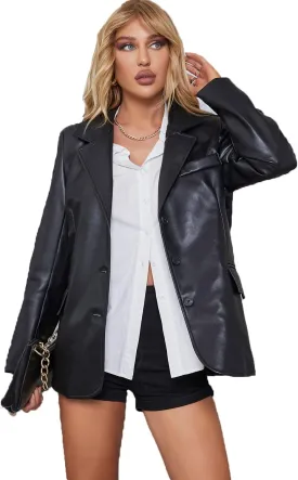 LY VAREY LIN Women Faux Leather Belted Shirt Jacket Lapel Blazer Coat with Bust Pocket
