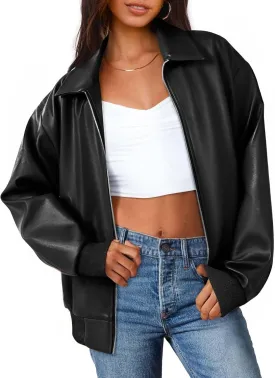 MEROKEETY Women's Oversized Faux Leather Jacket Fall Winter Zip Up Motorcycle Coats Fashion Outfits Clothes 2025