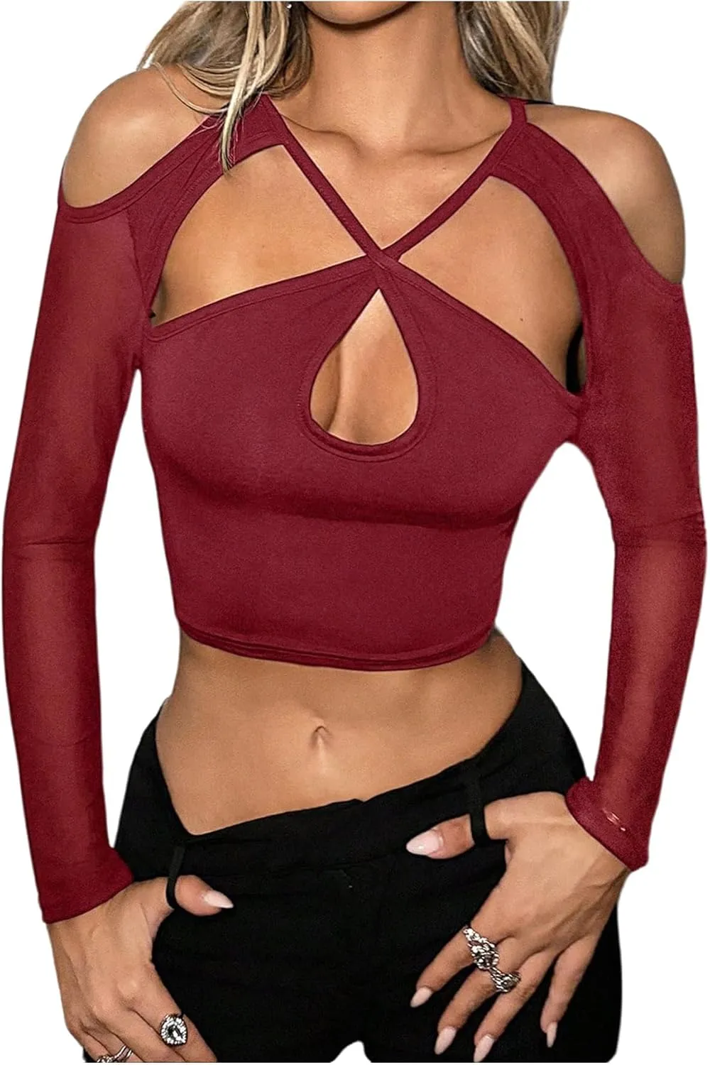 Milumia Women's Cut Out Cold Shoulder Long Sleeve Mesh Crop Top Y2k Party Rave Tee Shirts