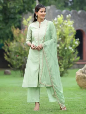 Mint Green Chanderi Printed With Embroidery Kurta, Pants & Dupatta Set