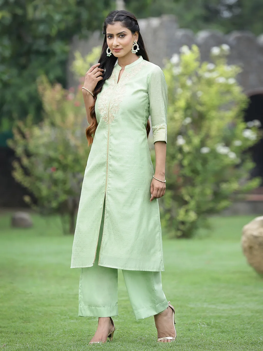 Mint Green Chanderi Printed With Embroidery Kurta, Pants & Dupatta Set