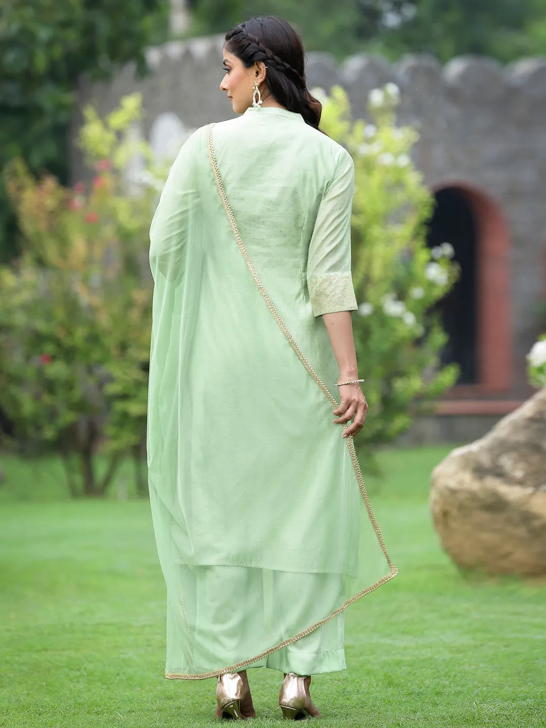 Mint Green Chanderi Printed With Embroidery Kurta, Pants & Dupatta Set