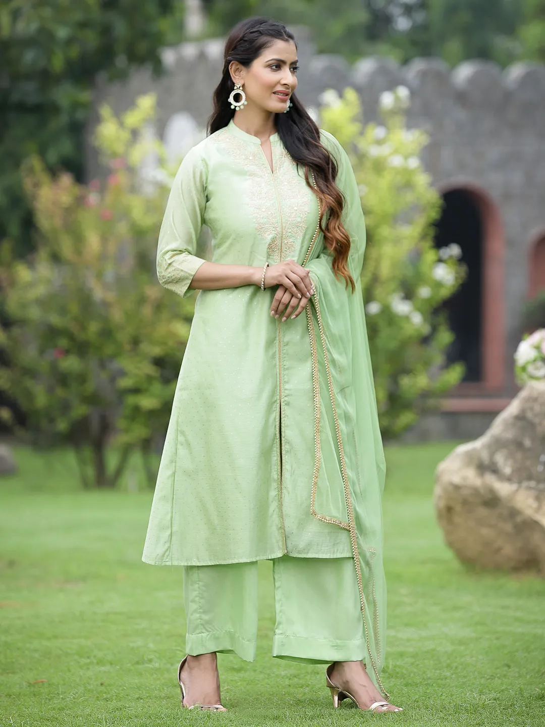 Mint Green Chanderi Printed With Embroidery Kurta, Pants & Dupatta Set