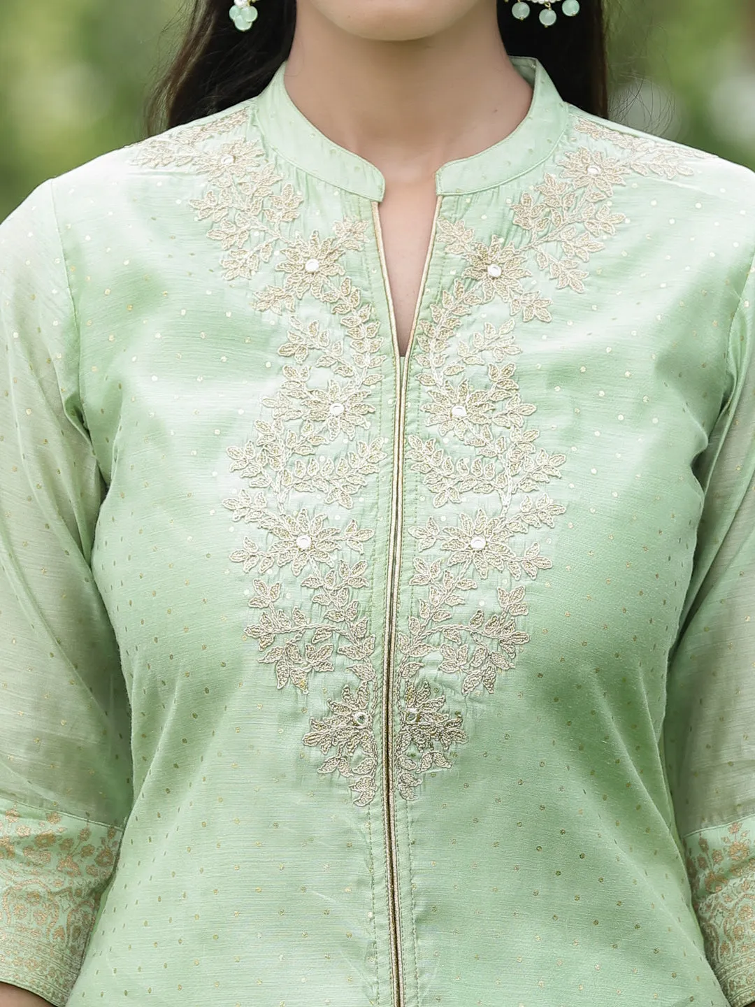 Mint Green Chanderi Printed With Embroidery Kurta, Pants & Dupatta Set