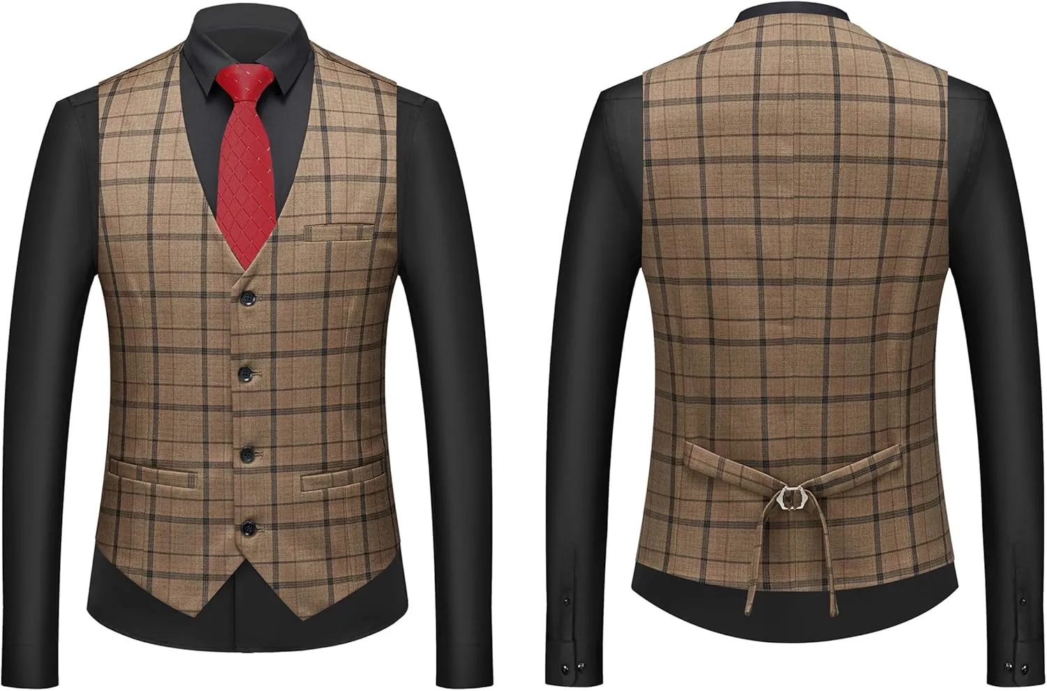 MOGU Mens 3-Piece Slim Fit Plaid Suit - Blazer, Vest, and Pants Set for Wedding Prom Casual
