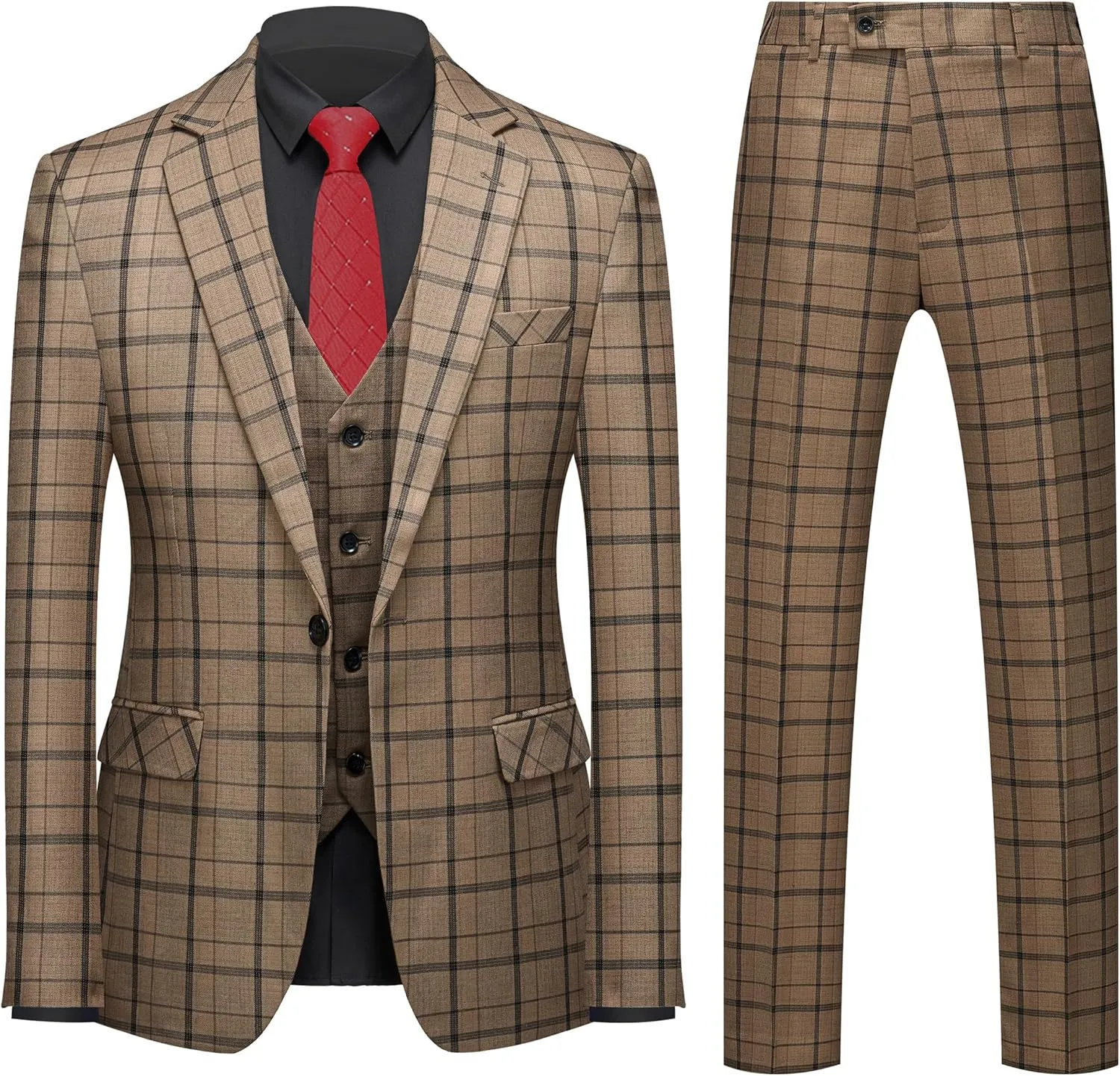 MOGU Mens 3-Piece Slim Fit Plaid Suit - Blazer, Vest, and Pants Set for Wedding Prom Casual