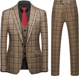 MOGU Mens 3-Piece Slim Fit Plaid Suit - Blazer, Vest, and Pants Set for Wedding Prom Casual