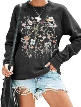 Qbily Women's Floral Printed Sweatshirt Casual Fall Wildflowers Graphic Tees Pullover Tops