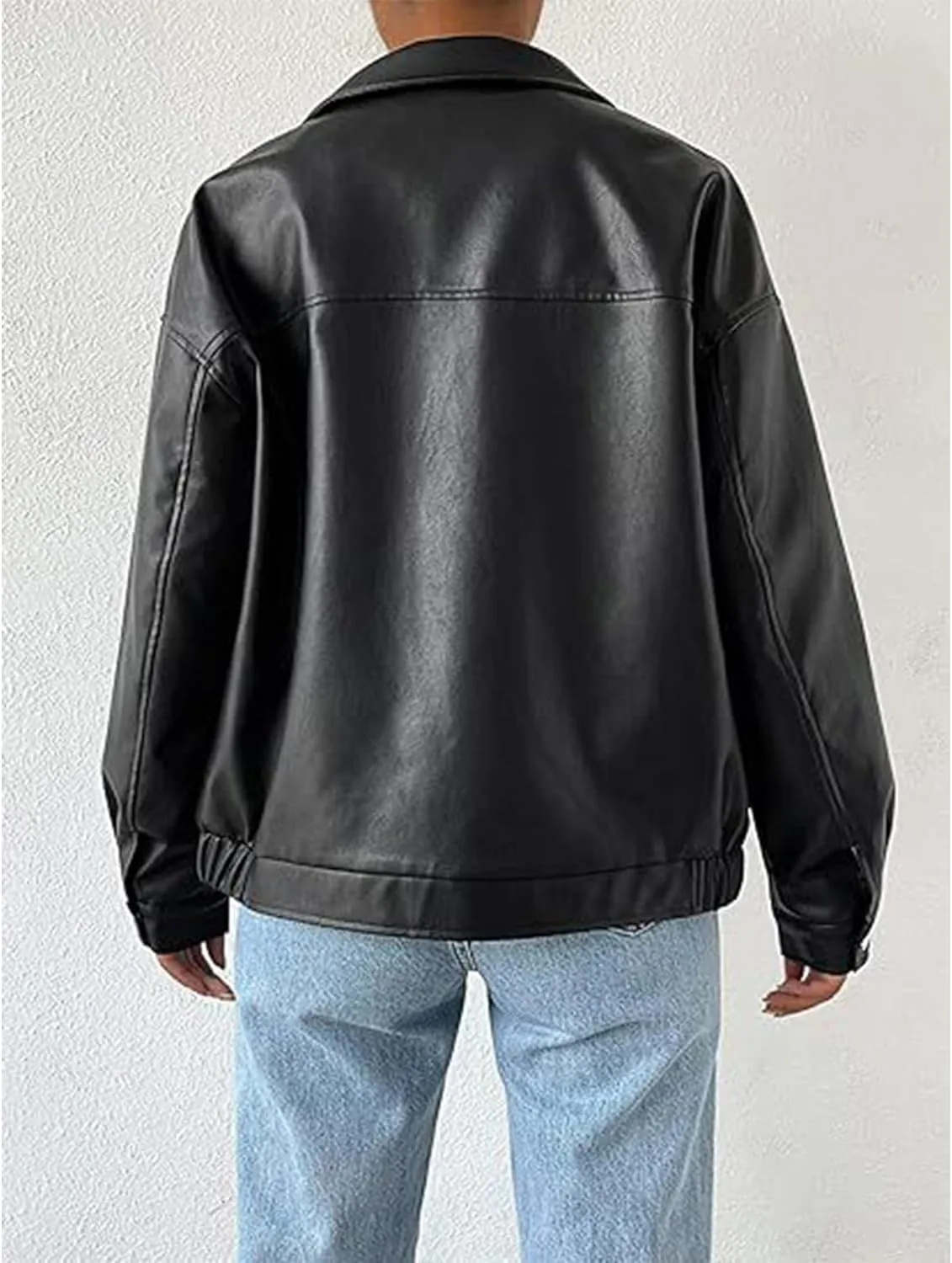 Sexyshine Women's Faux Leather Shacket Long Sleeve Zip Up Motorcycle Jacket Biker Coat
