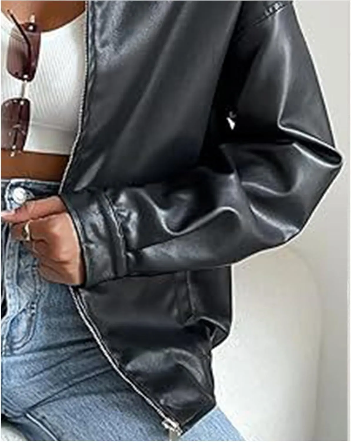 Sexyshine Women's Faux Leather Shacket Long Sleeve Zip Up Motorcycle Jacket Biker Coat