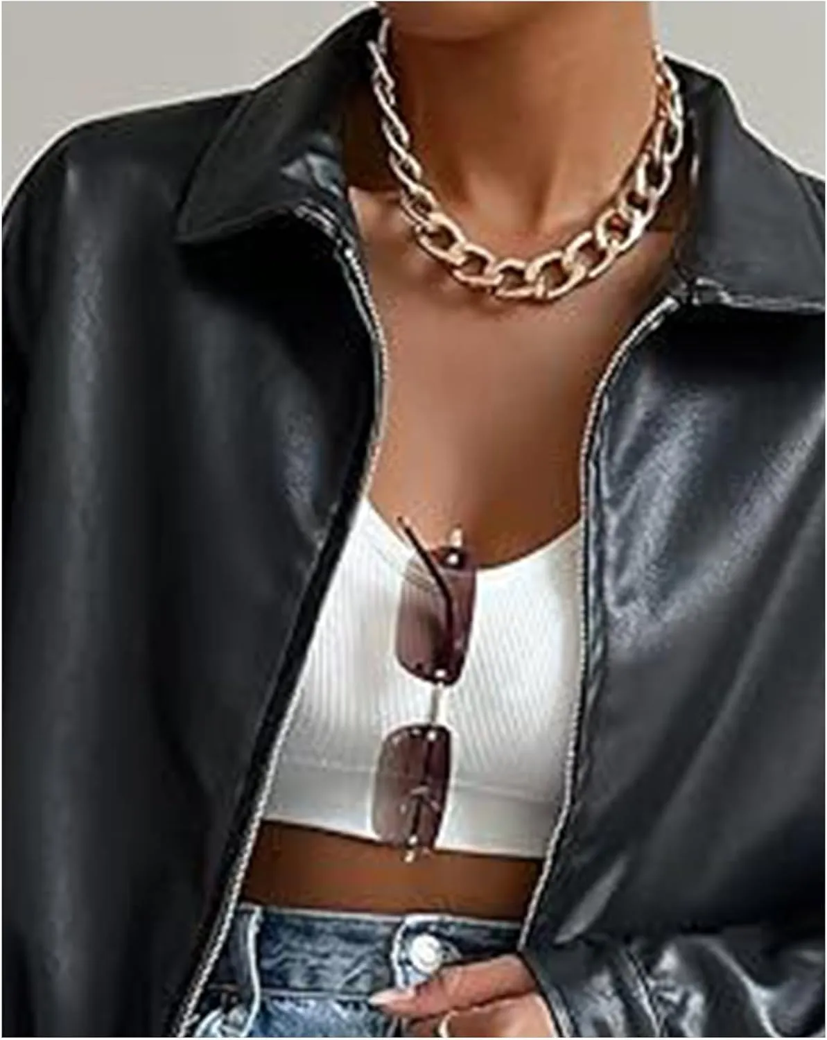 Sexyshine Women's Faux Leather Shacket Long Sleeve Zip Up Motorcycle Jacket Biker Coat