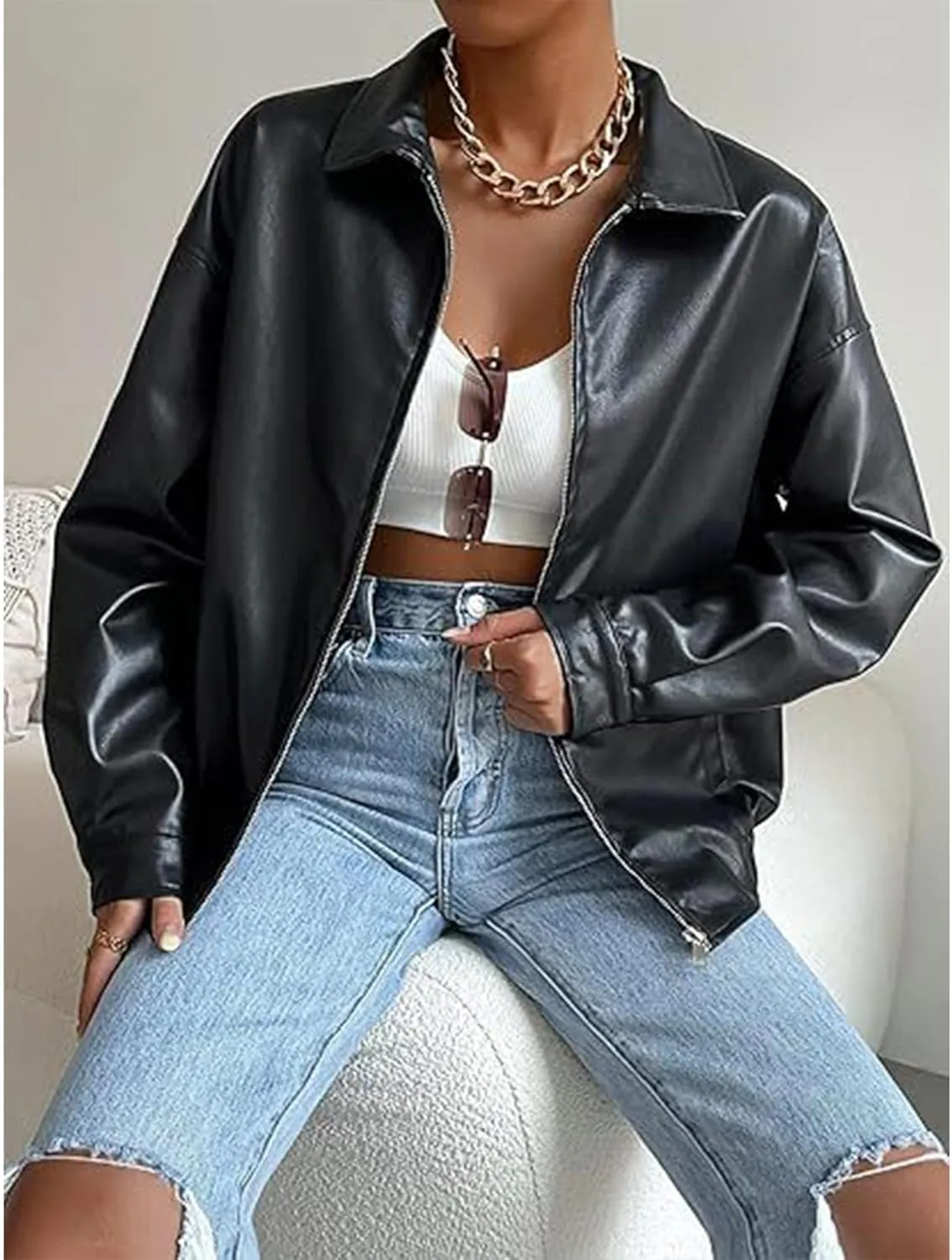 Sexyshine Women's Faux Leather Shacket Long Sleeve Zip Up Motorcycle Jacket Biker Coat