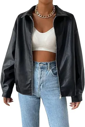 Sexyshine Women's Faux Leather Shacket Long Sleeve Zip Up Motorcycle Jacket Biker Coat