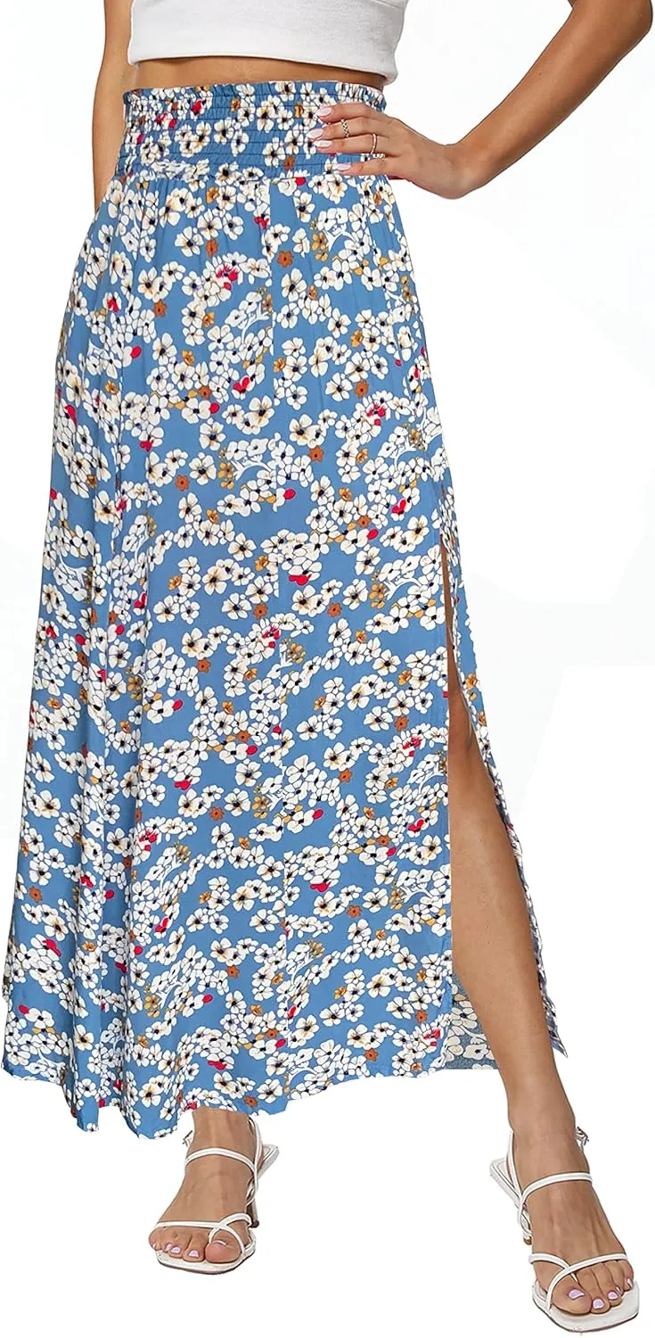 Sinono Women's Boho Floral High Waist Split A Line Full Length Maxi Draped Skirt