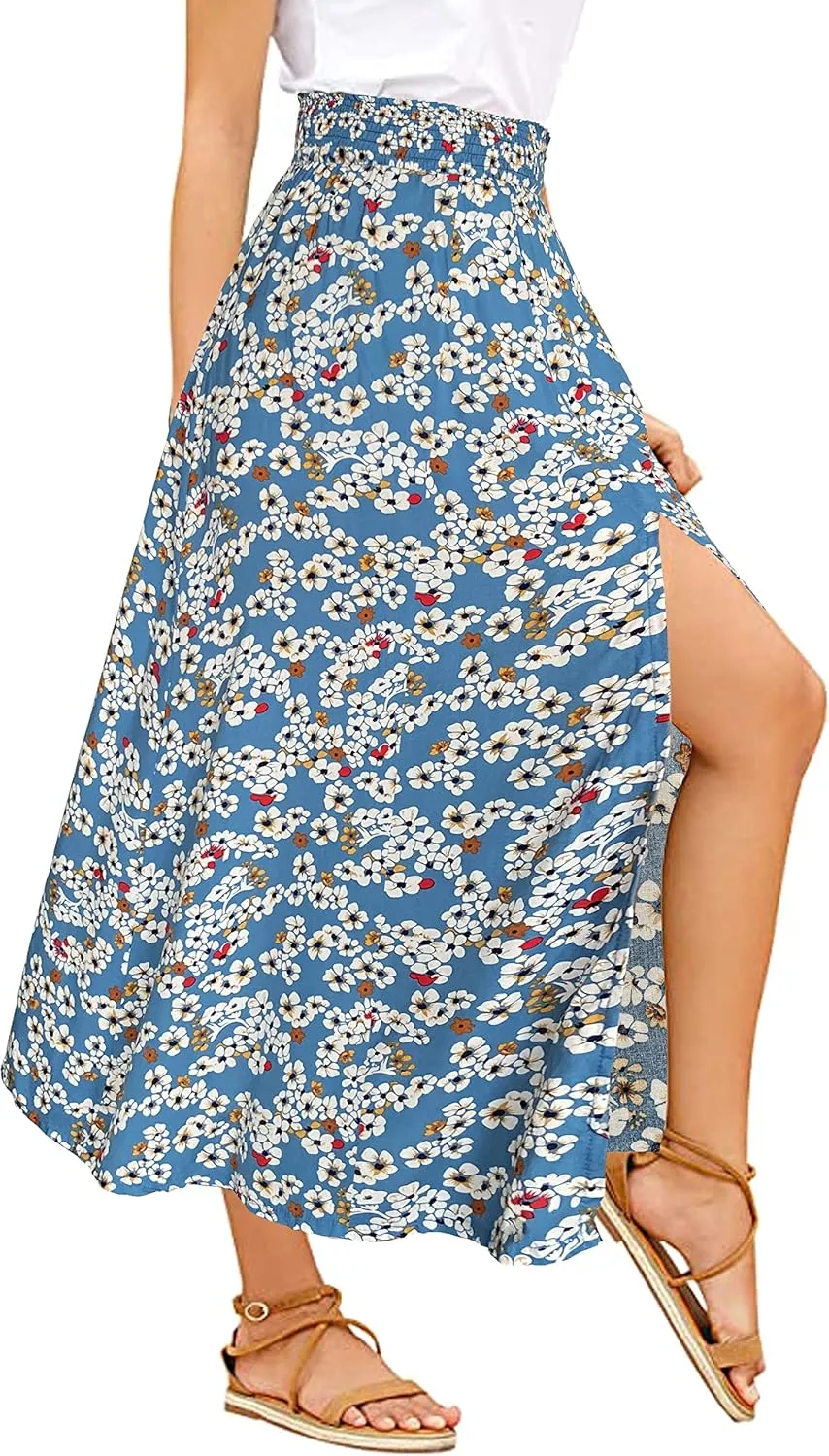 Sinono Women's Boho Floral High Waist Split A Line Full Length Maxi Draped Skirt